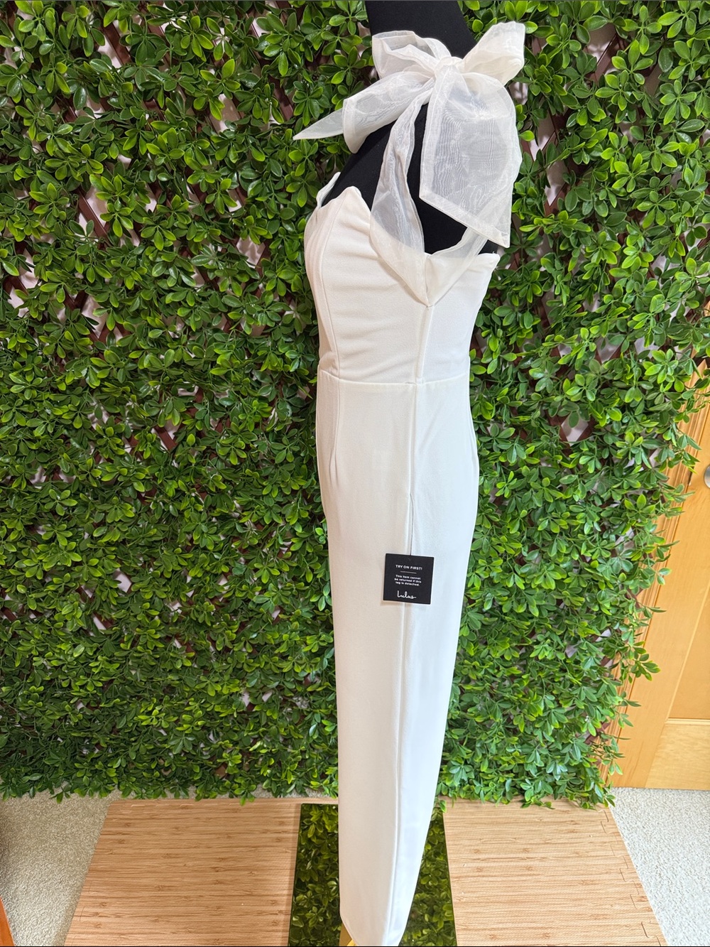 NWT-Pristine Aura White Tie-Strap Off-the-Shoulder Jumpsuit - Picture 9 of 16